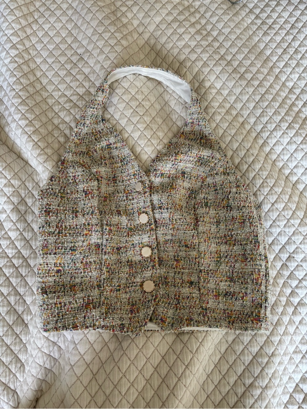 Multicolor Tweed Halter Button-Front Crop Top